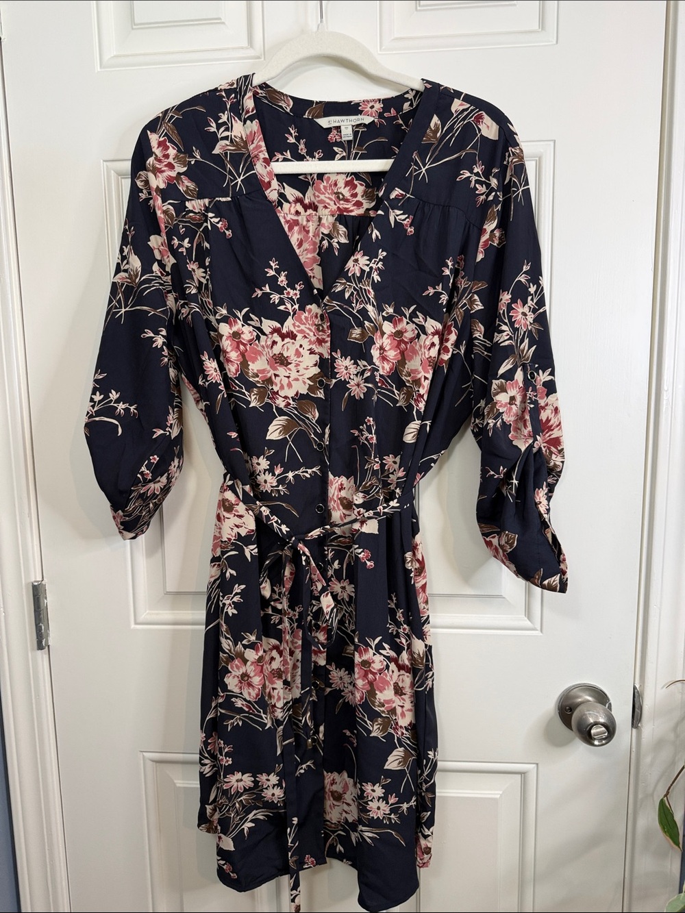 41 Hawthorn Navy Floral Midi Dress with Pink Blossoms